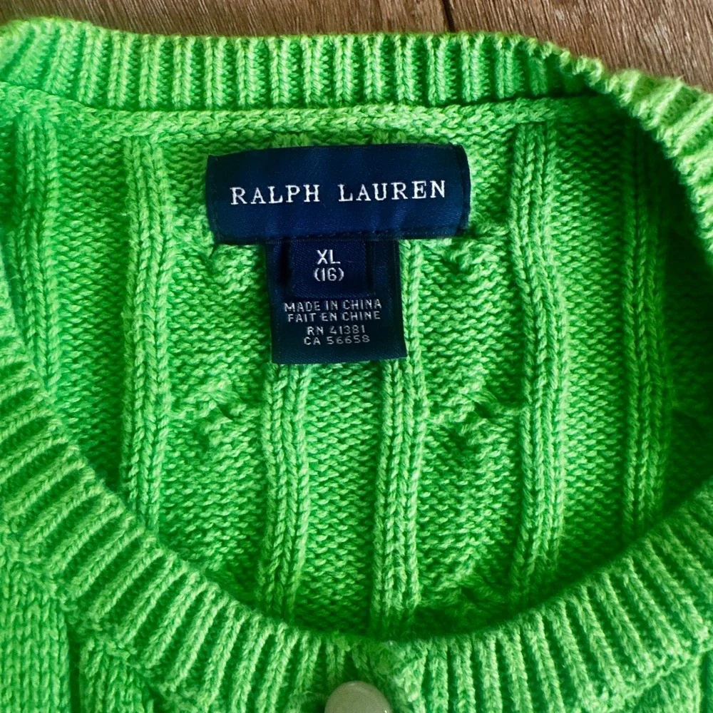 Ralph Lauren Girls XL 16 Green Cable Knit Peplum Cardigan Pink Pony Sweater